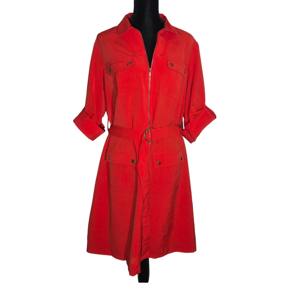 Shaaragano Women Red Utility Zip Front Belted Shirt Dress Roll Tab Sleeve Sz 18W